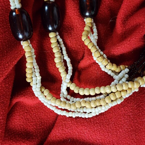 Express Wood Poly Brown Root Beer Tan Pearlescent White Bead 17" Choker Necklace - Picture 12 of 16